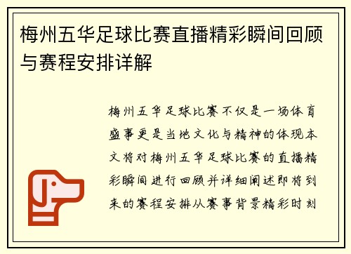 梅州五华足球比赛直播精彩瞬间回顾与赛程安排详解